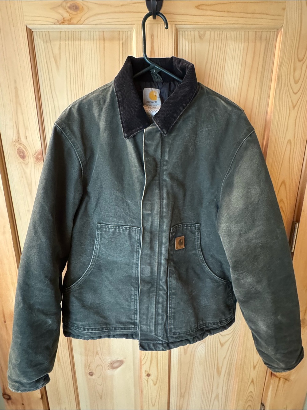 Carhartt Green Duck Jacket with Black Corduroy Collar